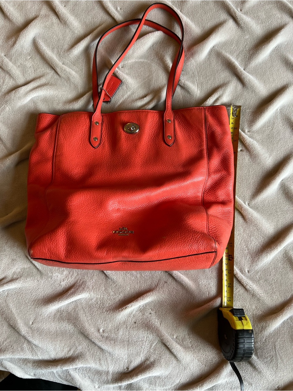 Coach Pebbled Leather Tote in Coral Red